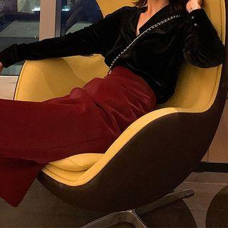Long-sleeve Velvet Blouse / High Waist Pencil Skirt