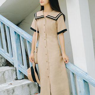 Short-sleeve Contrast Trim Buttoned A-line Midi Dress