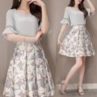 Set: Bell-sleeve Chiffon Blouse + Floral Print A-line Skirt
