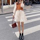 Long-sleeve Collared Mini A-line Dress / Sweater Vest
