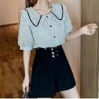 Set: Short-sleeve Wide Collar Plaid Blouse + High-waist Wide Leg Shorts