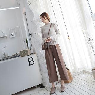 Long-sleeve Frill-trim Knit Top Almond - One Size