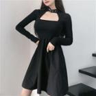 Long-sleeve Buckled Cutout A-line Dress