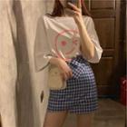 Smiley Face Print Elbow-sleeve T-shirt / Gingham Mini Straight-fit Skirt