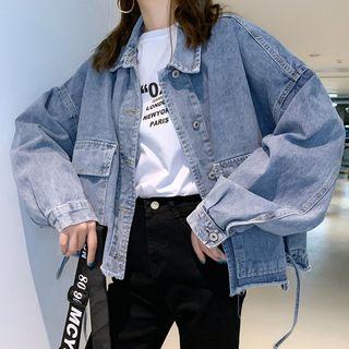 Drawstring-waist Washed Denim Jacket
