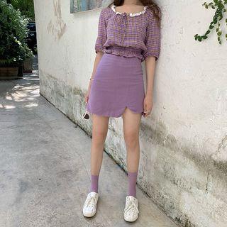 Plaid Short-sleeve Top / Plain Mini Skirt