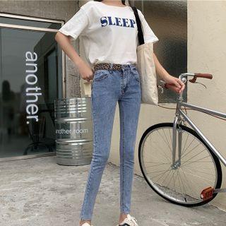 Washed Leopard Print Trim Skinny Jeans