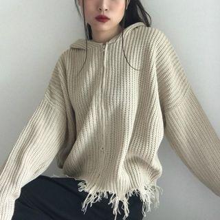 Hooded Fringed Zip Cardigan
