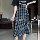 High-waist Plaid Drawstring Fish Tail Midi Skirt