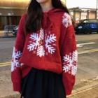 Snow Print Knit Hoodie Red - One Size