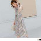 Tie-waist Striped Sleeveless Midi Dress