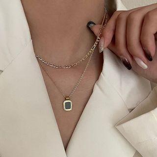 Pendant Layered Stainless Steel Necklace Xl1761 - Black & Gold - One Size