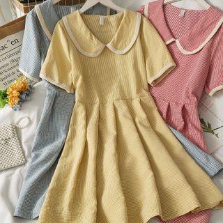 Contrasted Peter Pan-collar Checker Midi Dress In 6 Colors