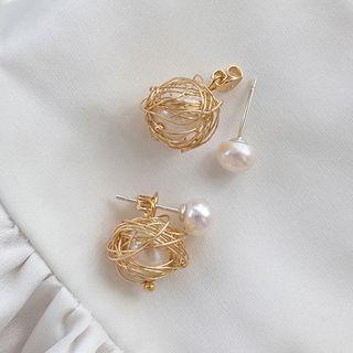 925 Sterling Silver Freshwater Pearl Wirework Dangle Earring 1 Pair - S925 Silver Needle - Gold - One Size