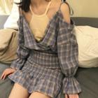 Mock Two-piece Long-sleeve Plaid Mini A-line Dress As Shown In Figure - One Size