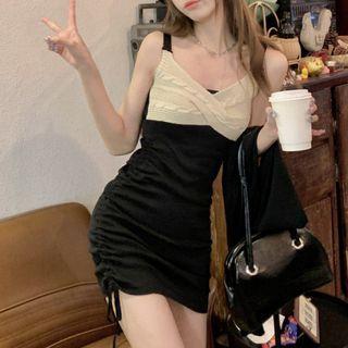 Wide Strap Knit Panel Drawstring Bodycon Dress Black - One Size