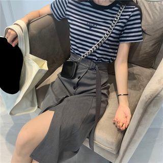 Embroidered Striped T-shirt / Button-down Midi Skirt