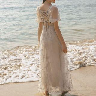 Star Embroidered Puff-sleeve Maxi A-line Mesh Dress