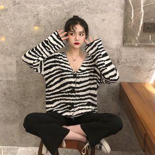 Zebra Print Loose-fit Cardigan As Figure - One Size