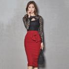 Set: Lace Panel Long-sleeve Top + Midi Skirt