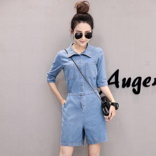 Elbow-sleeve Denim Playsuit