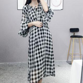3/4-sleeve Plaid Midi Dress / Floral Skirt