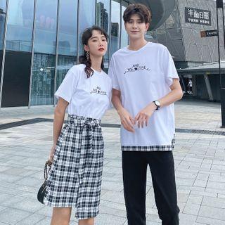 Couple Matching Short-sleeve Plaid A-line Dress / T-shirt / Harem Pants / Set