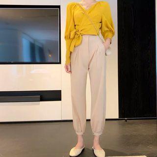 Set: Tie-waist Puff-sleeve Blouse + Cropped Harem Pants