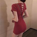 Short-sleeve Lace-up Back Sheath Dress