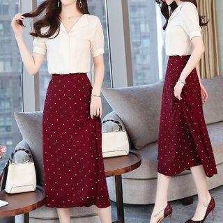 Set: Short-sleeve Blouse + Dotted Midi A-line Skirt