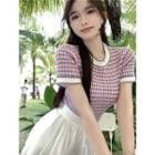 Short-sleeve Plaid Knit Top Pink - One Size