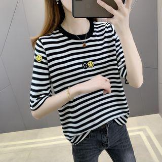 Short-sleeve Striped Smiley Face Embroidered Knit Top