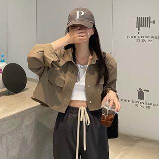 Cropped Button-up Jacket Jacket - Khaki - One Size