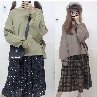 Balloon-sleeve Sweatshirt / Plaid Midi A-line Pleated Skirt
