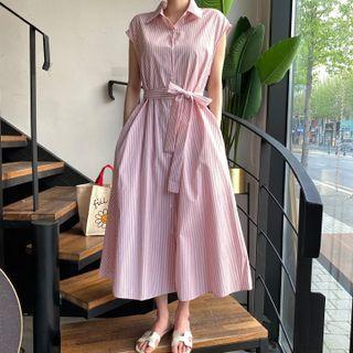 Cap-sleeve Striped Midi A-line Shirt Dress