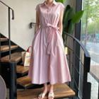 Cap-sleeve Striped Midi A-line Shirt Dress