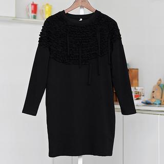 Frilled Long-sleee T-shirt Dress Black- One Size