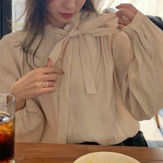 Long-sleeve Tie Neck Blouse Apricot - One Size