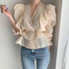 Ruffle Elbow-sleeve Blouse Almond - One Size