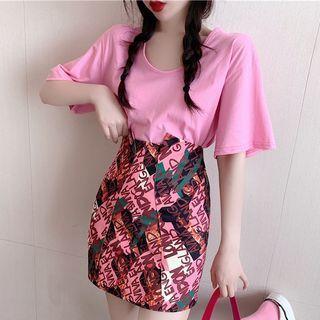 Set: Short-sleeve T-shirt + Lettering Print Mini Pencil Skirt