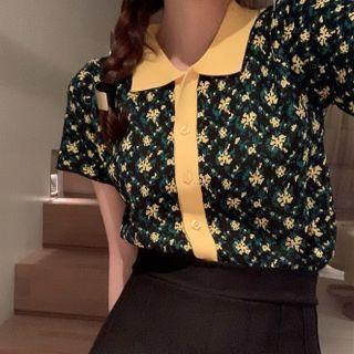 Short-sleeve Floral Print Button-up Knit Top Black Stripes - White - One Size