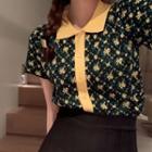 Short-sleeve Floral Print Button-up Knit Top Black Stripes - White - One Size