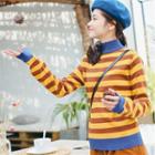 Long-sleeve Stand Collar Striped Knit Top