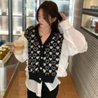 Mock Two-piece Long-sleeve Ruffle Trim Heart Print Knit Panel Cardigan Black & White - One Size