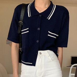 Short-sleeve Contrast Trim Polo Knit Top As Shown In Figure - One Size