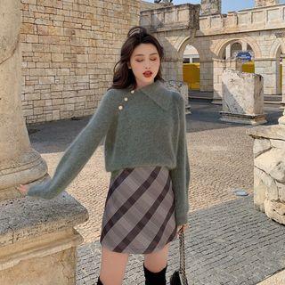 Collared Faux Pearl Sweater / Plaid Mini A-line Skirt / Set