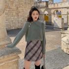 Collared Faux Pearl Sweater / Plaid Mini A-line Skirt / Set