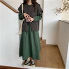 Collared Knit Vest / Plain Long-sleeve Midi Dress