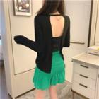 Long-sleeve Plain Open Back T-shirt / Ruffled A-line Skirt