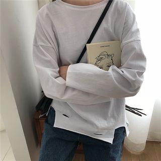 Plain Distressed Loose-fit Long-sleeve T-shirt
